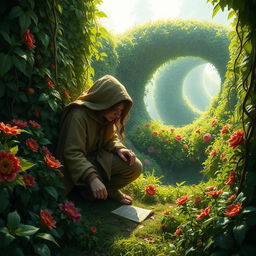 An intriguing Dungeons and Dragons scene featuring a hedge investigator, a character seamlessly blending into a lush green hedge maze