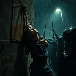 A street thief is forcibly tied up for execution against a large, worn section of hood on a grimy wall