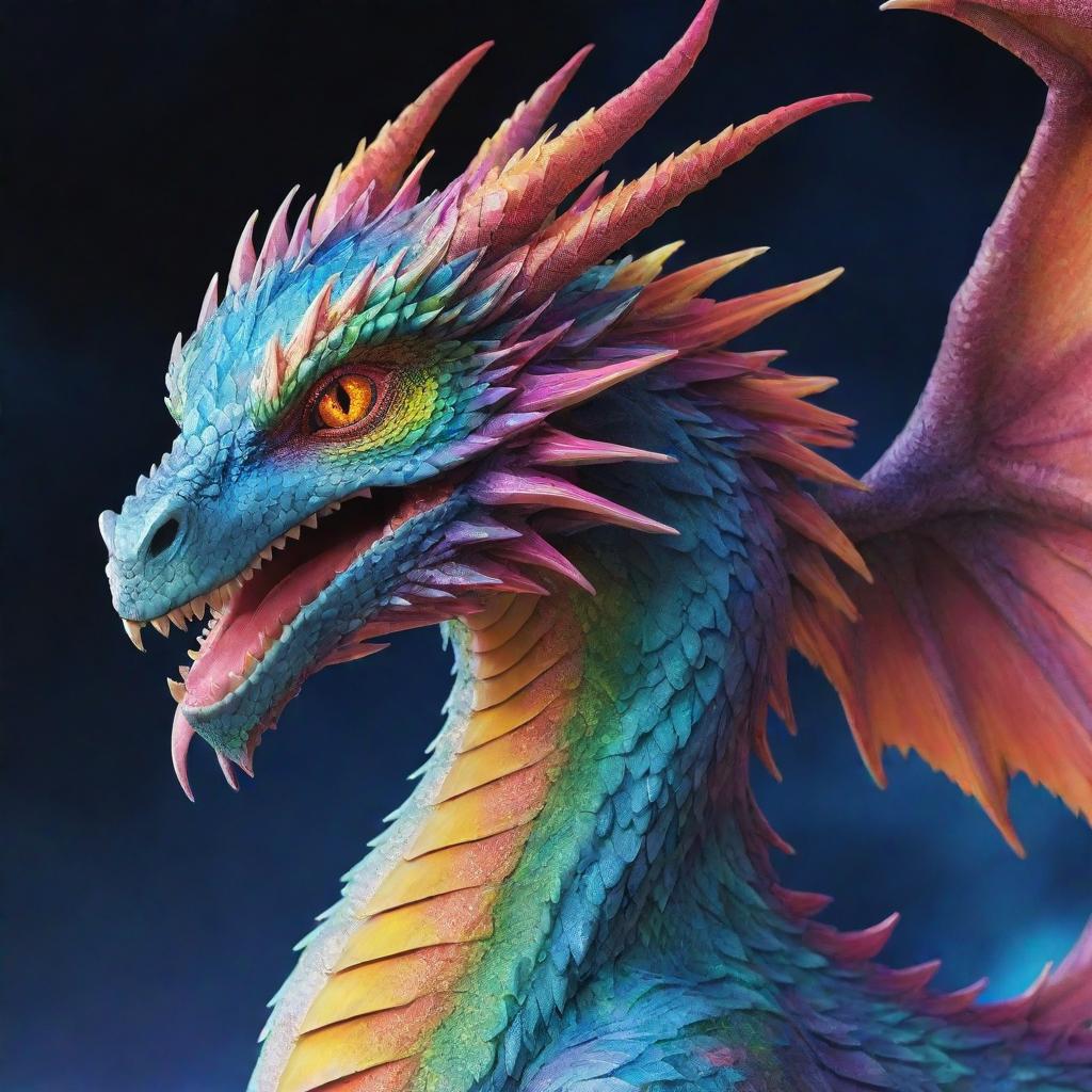 A detailed, vibrant anime style dragon with sparking eyes and majestic wings.