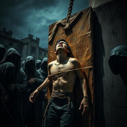 A street thief is forcibly tied up for execution against a large, worn section of hood on a grimy wall