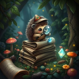 A whimsical Dungeons and Dragons scene featuring an adorable hedgehog investigator, adorned with a tiny magnifying glass strapped to its back and wearing a small detective's hat