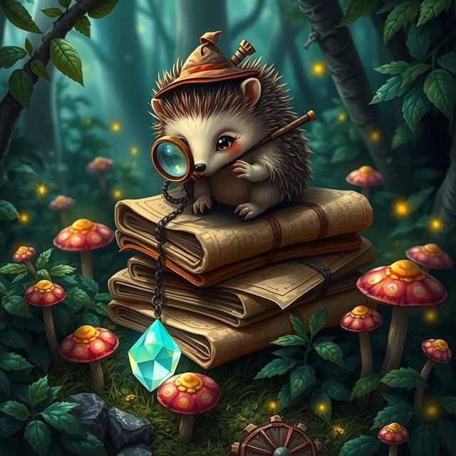 A whimsical Dungeons and Dragons scene featuring an adorable hedgehog investigator, adorned with a tiny magnifying glass strapped to its back and wearing a small detective's hat