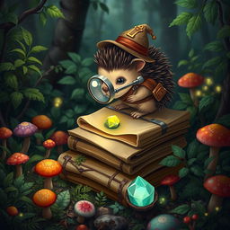 A whimsical Dungeons and Dragons scene featuring an adorable hedgehog investigator, adorned with a tiny magnifying glass strapped to its back and wearing a small detective's hat