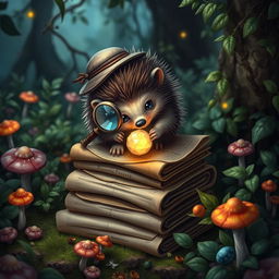 A whimsical Dungeons and Dragons scene featuring an adorable hedgehog investigator, adorned with a tiny magnifying glass strapped to its back and wearing a small detective's hat