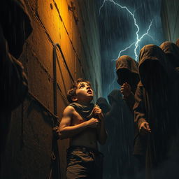 A young street thief is forcibly tied up against a dilapidated wall, facing execution in a dark alley