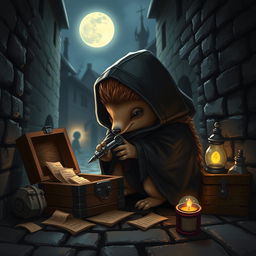 A charming Dungeons and Dragons scene featuring a hedgehog rogue investigator, cleverly disguised in a dark, snug cloak with a tiny hood that blends seamlessly with the surroundings of a cobblestone alley