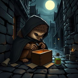 A charming Dungeons and Dragons scene featuring a hedgehog rogue investigator, cleverly disguised in a dark, snug cloak with a tiny hood that blends seamlessly with the surroundings of a cobblestone alley