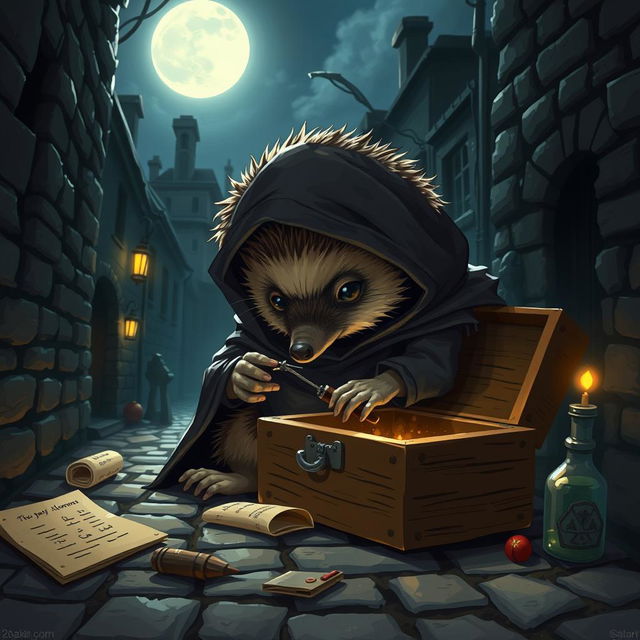 A charming Dungeons and Dragons scene featuring a hedgehog rogue investigator, cleverly disguised in a dark, snug cloak with a tiny hood that blends seamlessly with the surroundings of a cobblestone alley