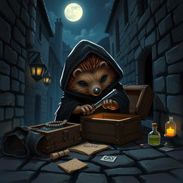 A charming Dungeons and Dragons scene featuring a hedgehog rogue investigator, cleverly disguised in a dark, snug cloak with a tiny hood that blends seamlessly with the surroundings of a cobblestone alley