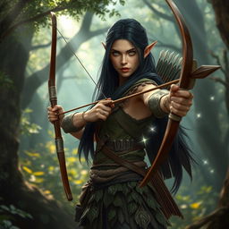 A wood elf archer with long, dark hair standing poised in a mystical forest