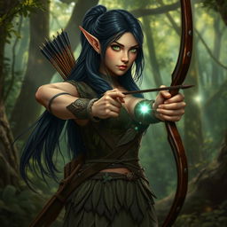 A wood elf archer with long, dark hair standing poised in a mystical forest