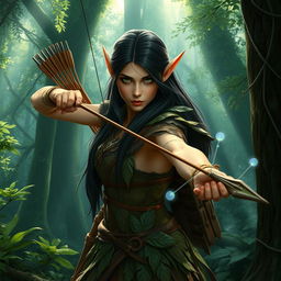 A wood elf archer with long, dark hair standing poised in a mystical forest