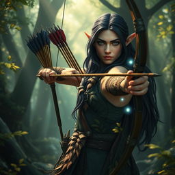 A wood elf archer with long, dark hair standing poised in a mystical forest