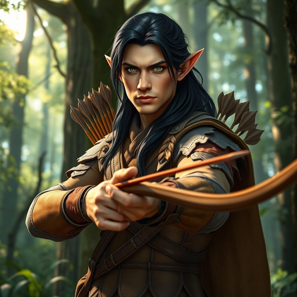 A male wood elf archer with long, dark hair, standing confidently in an enchanting forest setting