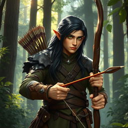 A male wood elf archer with long, dark hair, standing confidently in an enchanting forest setting