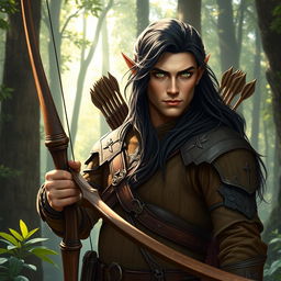 A male wood elf archer with long, dark hair, standing confidently in an enchanting forest setting