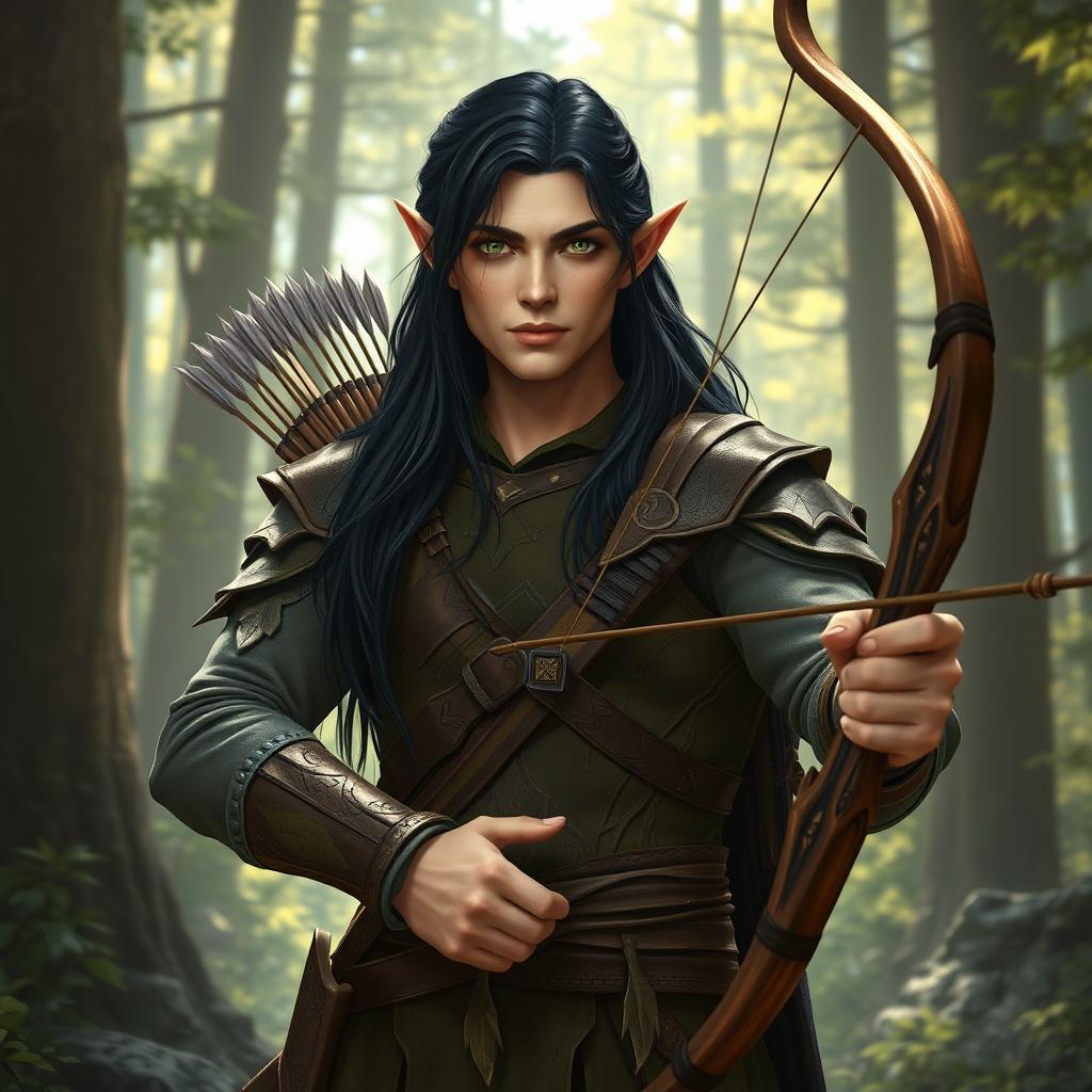 A male wood elf archer with long, dark hair, standing confidently in an enchanting forest setting