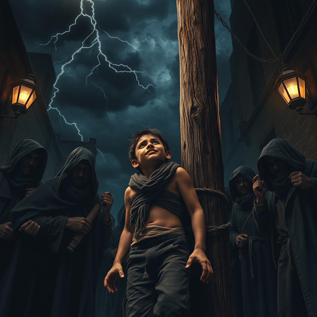 A young street thief is forcibly tied up for execution at a weathered wooden pole, surrounded by a large band of menacing thieves in a dark, secluded part of an alley