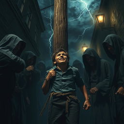 A young street thief is forcibly tied up for execution at a weathered wooden pole, surrounded by a large band of menacing thieves in a dark, secluded part of an alley