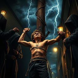 A young street thief is forcibly tied up for execution at a weathered wooden pole, surrounded by a large band of menacing thieves in a dark, secluded part of an alley