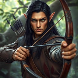 A male wood elf archer with long, dark hair and a serious expression, positioned in an enchanting forest environment