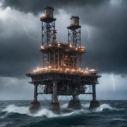 A futuristic teslapunk oil rig, fitted with intriguing Tesla coils, electric arcs, and magnetic fields, unfolding in the midst of a tempestuous sea under a storm-ridden, lightning-filled sky.