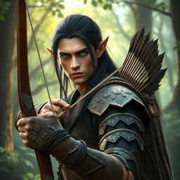 A male wood elf archer with long, dark hair and a serious expression, positioned in an enchanting forest environment