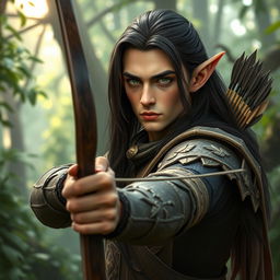 A male wood elf archer with long, dark hair and a serious expression, positioned in an enchanting forest environment