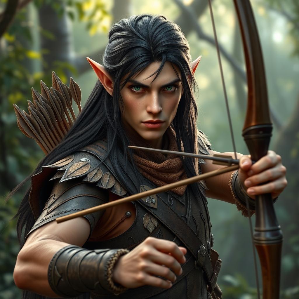 A male wood elf archer with long, dark hair and a serious expression, positioned in an enchanting forest environment