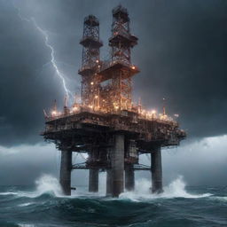 A futuristic teslapunk oil rig, fitted with intriguing Tesla coils, electric arcs, and magnetic fields, unfolding in the midst of a tempestuous sea under a storm-ridden, lightning-filled sky.