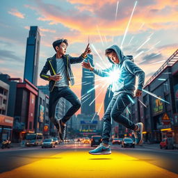 An exhilarating scene featuring two teenagers engaged in a spectacular battle, harnessing the power of teleportation amidst the vibrant cityscape of Jakarta