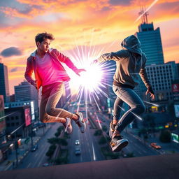 An exhilarating scene featuring two teenagers engaged in a spectacular battle, harnessing the power of teleportation amidst the vibrant cityscape of Jakarta