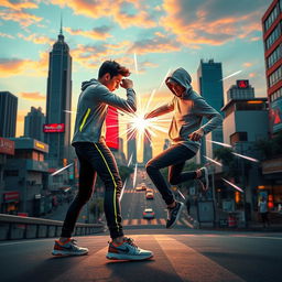 An exhilarating scene featuring two teenagers engaged in a spectacular battle, harnessing the power of teleportation amidst the vibrant cityscape of Jakarta