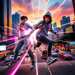 An exhilarating scene featuring two teenagers engaged in a spectacular battle, harnessing the power of teleportation amidst the vibrant cityscape of Jakarta