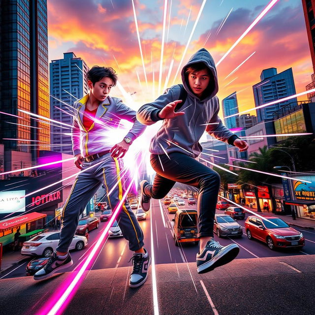 An exhilarating scene featuring two teenagers engaged in a spectacular battle, harnessing the power of teleportation amidst the vibrant cityscape of Jakarta