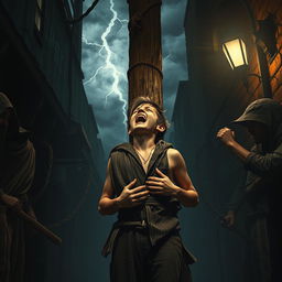 A young street thief is forcibly tied up for execution at a rugged wooden pole, surrounded by a formidable large band of thieves in a shadowy alleyway during the night