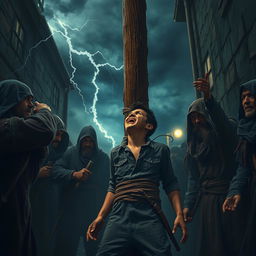 A young street thief is forcibly tied up for execution at a rugged wooden pole, surrounded by a formidable large band of thieves in a shadowy alleyway during the night