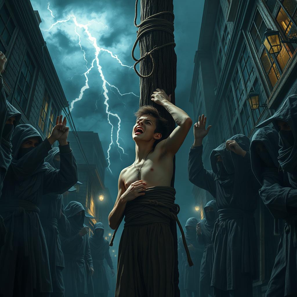 A young street thief is forcibly tied up for execution at a rugged wooden pole, surrounded by a formidable large band of thieves in a shadowy alleyway during the night