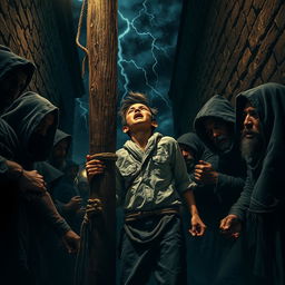 A young street thief is forcibly tied up for execution at a rugged wooden pole, surrounded by a formidable large band of thieves in a shadowy alleyway during the night