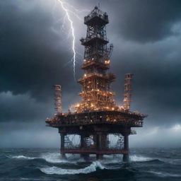 A futuristic teslapunk oil rig, fitted with intriguing Tesla coils, electric arcs, and magnetic fields, unfolding in the midst of a tempestuous sea under a storm-ridden, lightning-filled sky.