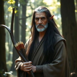 An older male wood elf with long, flowing dark hair and distinguished features, embodying wisdom and strength