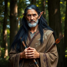 An older male wood elf with long, flowing dark hair and distinguished features, embodying wisdom and strength