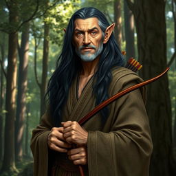 An older male wood elf with long, flowing dark hair and distinguished features, embodying wisdom and strength