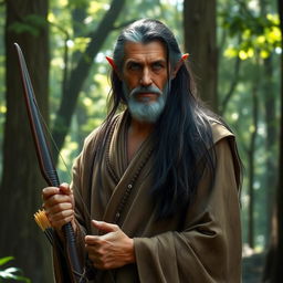 An older male wood elf with long, flowing dark hair and distinguished features, embodying wisdom and strength