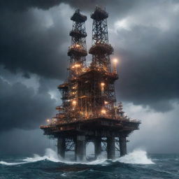 A futuristic teslapunk oil rig, fitted with intriguing Tesla coils, electric arcs, and magnetic fields, unfolding in the midst of a tempestuous sea under a storm-ridden, lightning-filled sky.