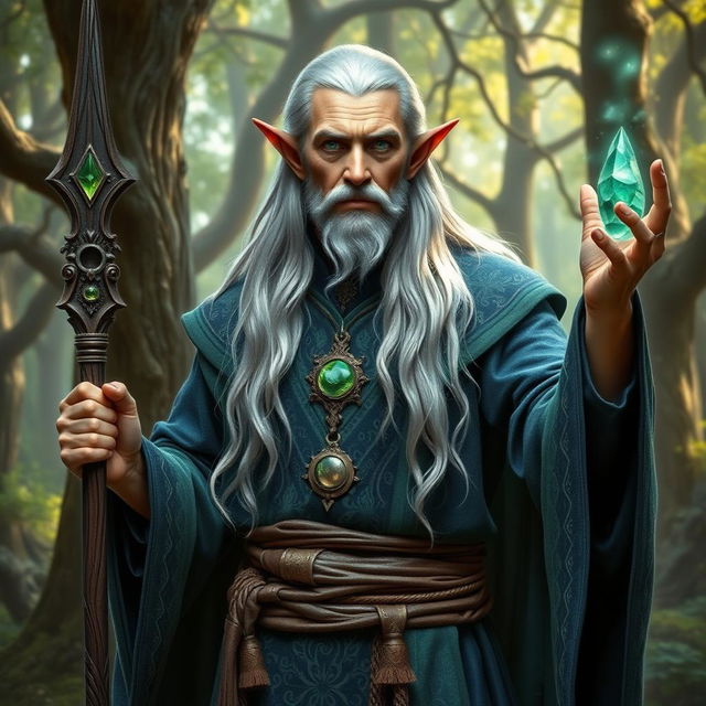 An older male wood elf mage, radiating wisdom and power, standing in a mystical forest