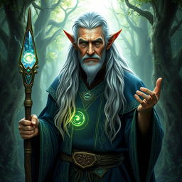 An older male wood elf mage, radiating wisdom and power, standing in a mystical forest