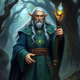 An older male wood elf mage, radiating wisdom and power, standing in a mystical forest