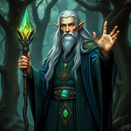 An older male wood elf mage, radiating wisdom and power, standing in a mystical forest