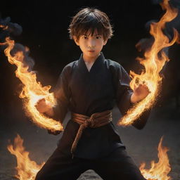 A young boy anime character in traditional Japanese attire, dynamically posed in the process of executing a powerful fire technique, with flames swirling from his hands.